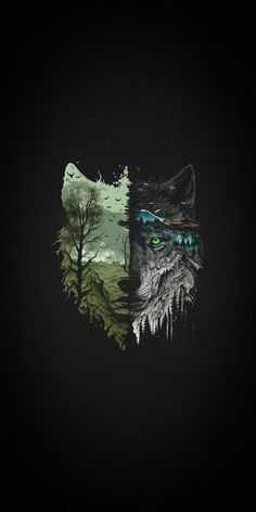 two wolfs with green eyes and trees in the background