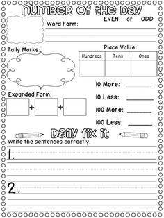 the worksheet for number of the day is shown in black and white, with numbers