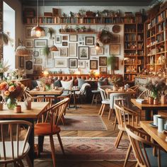 the interior of a restaurant with many tables, chairs and bookshelves on the wall