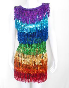 Rainbow sequin dress. Made in Thailand. | eBay! Festival Mini Dresses For Party Season, Rainbow Sequined Party Dress, Sleeveless Sequin Festival Dresses, Multicolor Festival Dresses For Party, Rainbow Sleeveless Party Dress, Multicolor Fitted Dress For Costume Party, Fitted Multicolor Dress For Costume Party, Sleeveless Festival Evening Dress, Sleeveless Evening Dress For Festival