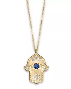 Meira T - Diamond Hamsa and 14K Yellow Gold Necklace, 16" Sapphire Diamond Necklace, Sapphire Eyes, Gold Hamsa, Hamsa Pendant, 14k Yellow Gold Necklace, Yellow Gold Necklace, Sapphire Diamond, Sparkle Diamonds, Black Diamond