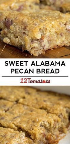 two pictures showing different types of food on top of each other and the words sweet alabama pecan bread below