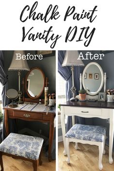 the before and after photos of an antique vanity with blue flowers on it, including a stool