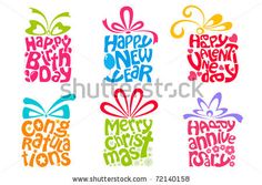 six colorful gift boxes with happy new year lettering and bows on them, all in different colors