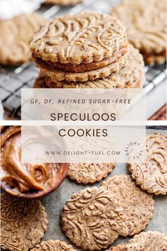 cookies with peanut butter on top and the words gf, df, refried sugar - free speluoos cookies