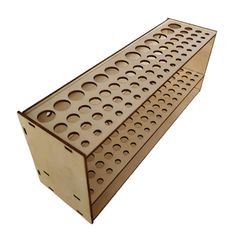 a wooden rack with holes on it