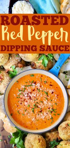 roasted red pepper dipping sauce in a bowl surrounded by bread croutons and parmesan cheese