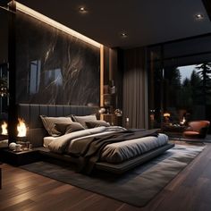 a large bed sitting in the middle of a bedroom next to a fire place on top of a hard wood floor