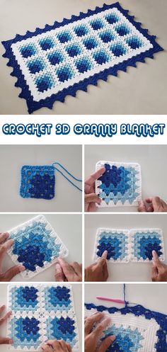 crocheted granny granny blanket is being made with blue and white yarn, while the pattern