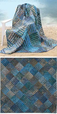 two pictures of the same blanket on a beach, one with a blue and green design