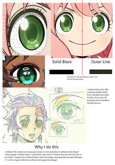 an anime character's eyes are shown in three different ways, with the same color as