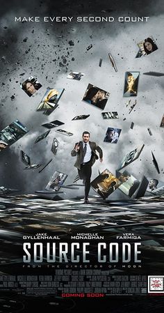 a movie poster for source code with a man running in the water surrounded by books