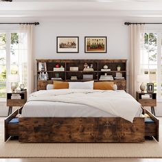 a large bed sitting in a bedroom next to two nightstands with bookshelves on each side