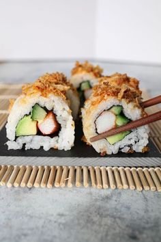 sushi roll with chopsticks on the side and text crunchy california roll recipe