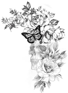 a skull with roses and a butterfly on it's head is shown in black and white