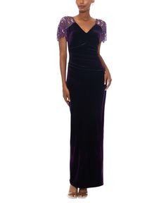 in stock Velvet Evening Dress, Chiffon Long Dress, Evening Dress Collection, Velvet Gown, Women's Evening Dresses, Dress Gown, Purple Velvet, Evening Party Dress, Chiffon Lace