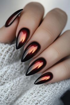 Orange Chrome Nails Halloween, Fall Gel Nails Designs Halloween, Crome Nails Halloween, Black And Orange Chrome Nails, Nail Autumn 2024, Halloween Nails Chrome, Chrome Autumn Nails, Fall Powder Dip Nail Ideas