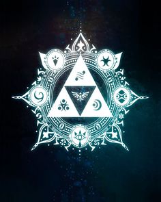 the legend of zelda symbol is shown in white on a black background with stars and circles