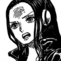 a black and white drawing of a woman with headphones on her ears, looking to the side