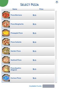 the menu for pizza is shown in this screenshote screen shot, which includes several different types of pizzas