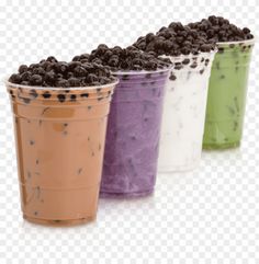 three different colored cups with chocolate chips in them