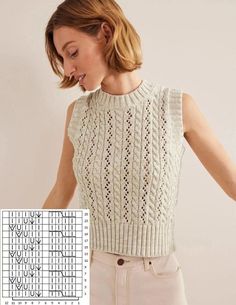 a woman wearing a white knitted top with crochet on the front and back