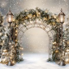 a snowy scene with lights and lanterns in front of an arch that has snow falling on it