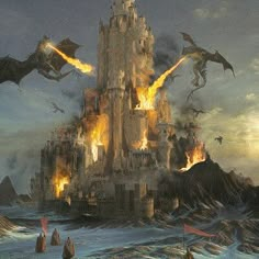 an image of a castle that is on fire with many dragon flying around in the sky