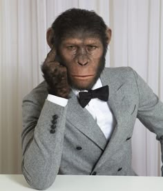 a monkey dressed in a suit and bow tie holding his hand up to his face