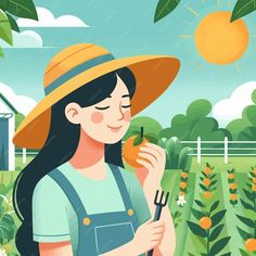 a woman in a straw hat is holding an apple and looking at the oranges