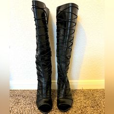 Vince Camuto Kesta Knee Boot Stiletto Peep Toe Black Leather Size:6.5 Side Zip *Never Worn* New Without Box Excellent Condition Fitted Open Toe Boots With 4-inch Heel, Fitted Open Toe Boots With Wrapped Heel, Fitted Leather Open Toe Heeled Boots, Leather Open Toe Heeled Boots For Night Out, Black Open Toe Heeled Boots For Formal Occasions, Black Fitted Heeled Boots With Wrapped Heel, Fitted Black Heeled Boots With Wrapped Heel, Vince Camuto, Shoes Heels Boots