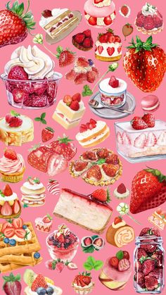 a painting of many different types of desserts and pastries on a pink background