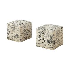 two small stools made out of paper with black writing on the top and bottom