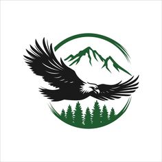 an eagle flying through the air with mountains and trees in the background on a white background