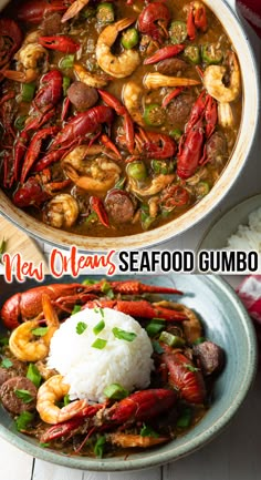 two pictures with different types of food in them and the words new orleans seafood gumbo