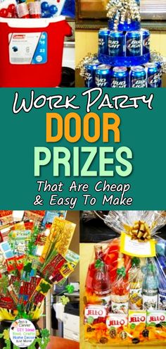 the words work party door prizes that are cheap and easy to make with pictures of various items