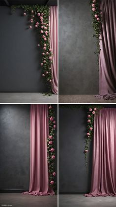 four different views of curtains with pink flowers on them