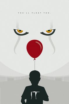 a person standing in front of a red balloon with two yellow eyes on it's head