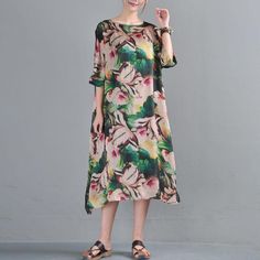 Loose Round Neck Half Sleeve Printed Dress Two Pieces - Omychic Dress Two Pieces, Dress Vest, Pullover Pattern, Cotton Linen Dresses, Boho Style Dresses, Pattern Flower, Clothing Details, Autumn Style, Plus Size Swimsuits