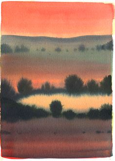 watercolor painting of an orange sky with trees in the foreground and distant land to the right