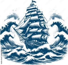 an old sailing ship in the ocean waves