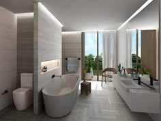 a bathroom with a tub, toilet and sink in it's center wall is shown