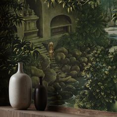 Green Moody Tropical Scenic Jungle Wallpaper Mural {Bali Bliss} Wallpaper Mural Sckribbles Balinese Landscape, Moody Tropical, Room Panel, Jungle Plants, Nature Room, Tropical Palm Trees, Elegant Wallpaper, Large Mural, Jungle Wallpaper