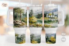 three travel mugs with the words lake life painted on them, sitting next to each other