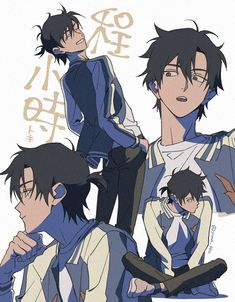 an anime character with black hair and blue eyes is holding his hands on his chest