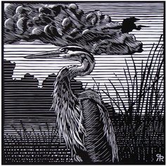 a black and white drawing of a heron