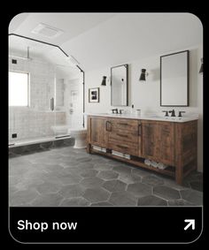 a large bathroom with two sinks and mirrors on the wall next to a bathtub