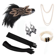 PRICES MAY VARY. Complete Roaring 20s Ensemble: Our Gatsby accessories set includes a stunning 20s gatsby headpiece, faux pearl long necklace, earing,and long black gloves for a full flapper girl look. Authentic Gatsby Elegance: Channel the spirit of the 1920s with meticulously crafted Gatsby accessories set designed for women.our gatsby headpiece made of crystal beads and elastic,will make you more comfortable,not thigh and will keep on your head all time for your costume party Versatile and St 20s Accessories, Long Black Gloves, Gatsby Accessories, Flapper Accessories, Gatsby Headpiece, Pearl Long Necklace, Gatsby Headband, Gatsby Costume, Lady D