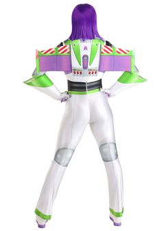 a woman dressed as buzz lightyear from the animated movie, buzz lightyear with purple hair