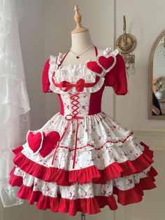 [$59.75]White and Red Puff Sleeves Floral Dress Sweet Lolita One Piece Candy Inspired Outfits, Lovecore Fashion, Puffy Skirt, Red And White Dress, 2 Hearts, Punk Dress, Dream Aesthetic, Heart Dress, Sweet Lolita